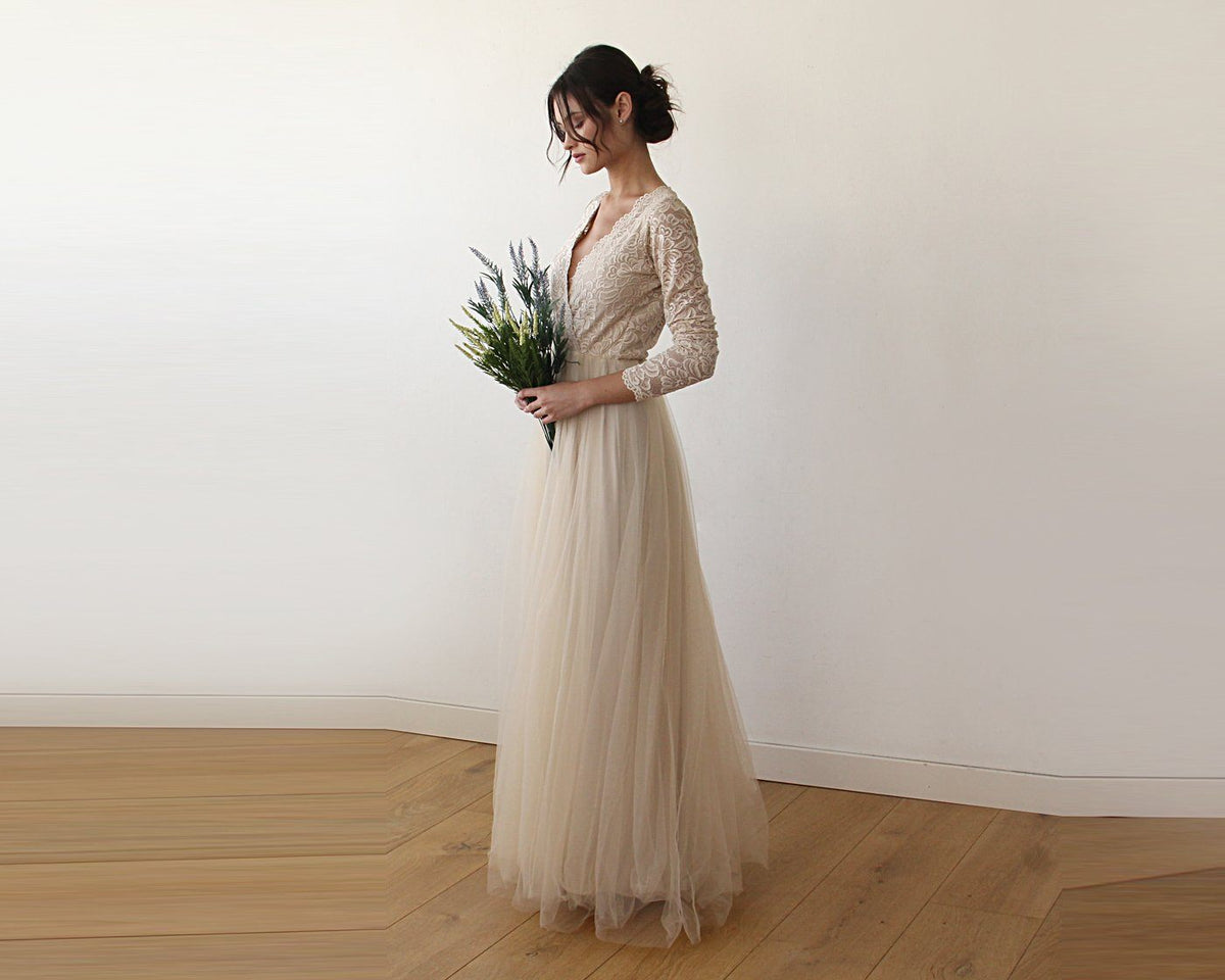 Champagne  Tulle and Lace Long Sleeve Wedding Maxi Dress 1125 - YuppyCollections