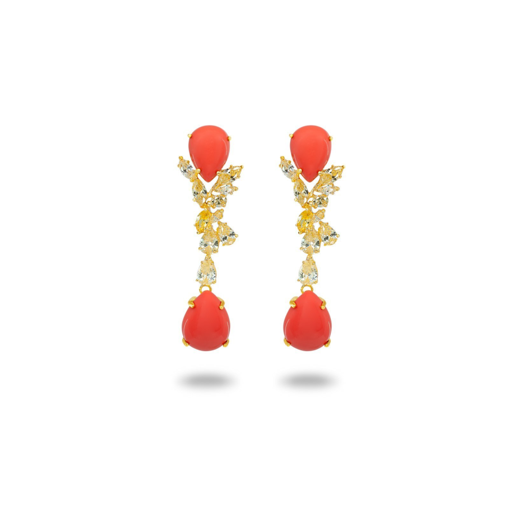 Dutches Simulated Coral & Cubic Zirconias Omega Clip Earrings - YuppyCollections