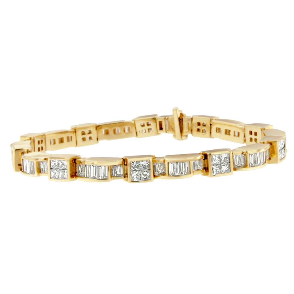 14K Yellow Gold 7ct. TDW Princess and Baguette Cut Diamond Cube-Link Bracelet (G-H,VS1-VS2) - YuppyCollections