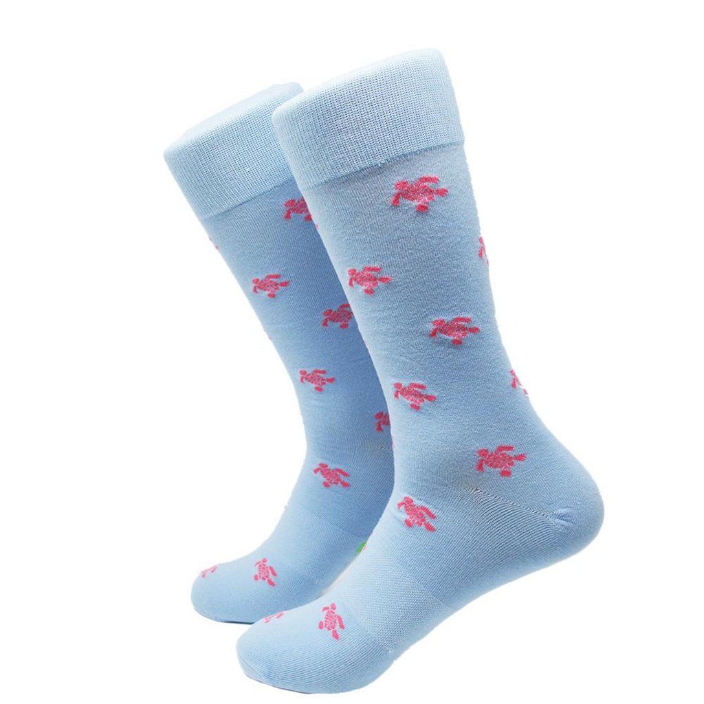 Turtle Socks - Men's Mid Calf - Pink on Blue - YuppyCollections