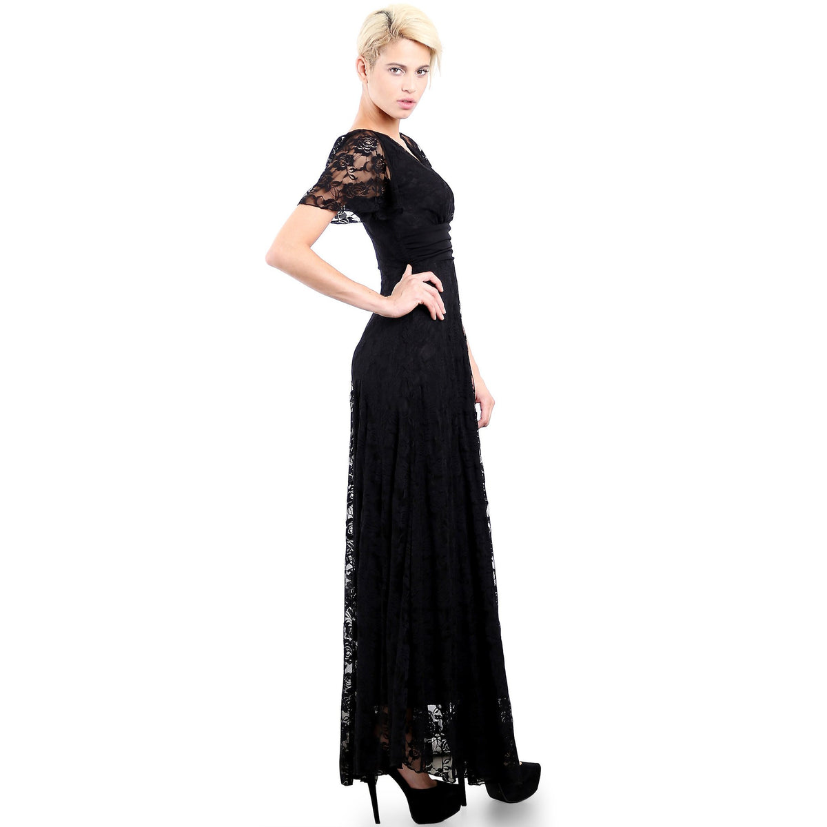 Evanese Women's Lace Evening Party Formal Long Dress Gown with Short Sleeves - YuppyCollections