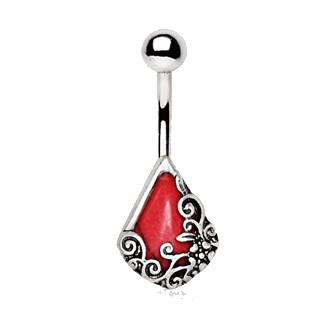 316L Stainless Steel Ornamental Red Stone Teardrop Navel Ring - YuppyCollections