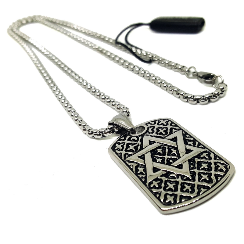 (4-3211-h5) Stainless Steel star of David Tag Necklace, 24". - YuppyCollections