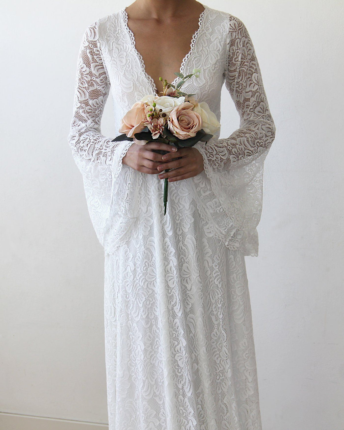 Full Lace Bell Sleeves Wedding maxi dress in Ivory 1167 - YuppyCollections