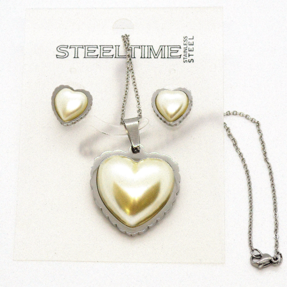 (4-9030-h10) Stainless Steel Pearl Heart Set. - YuppyCollections