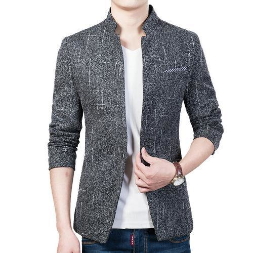 Mens Mandarin Collar Blazer in Darky Gray - YuppyCollections