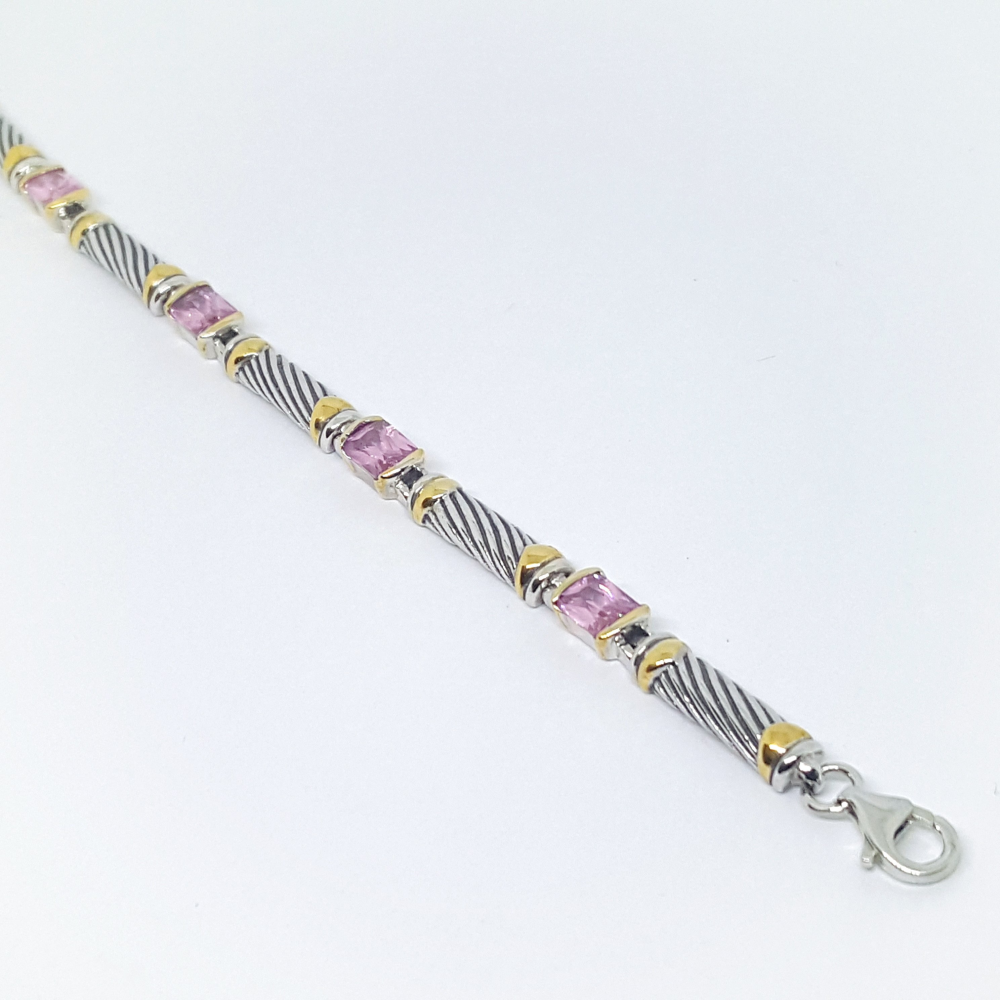 2-0303-h2 Sterling Silver Two Tone Pink CZ Bracelet, 7-3/4". - YuppyCollections