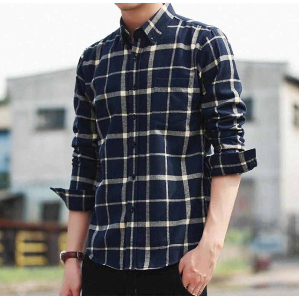 Mens Long Sleeve Checkered Cotton Shirt - YuppyCollections