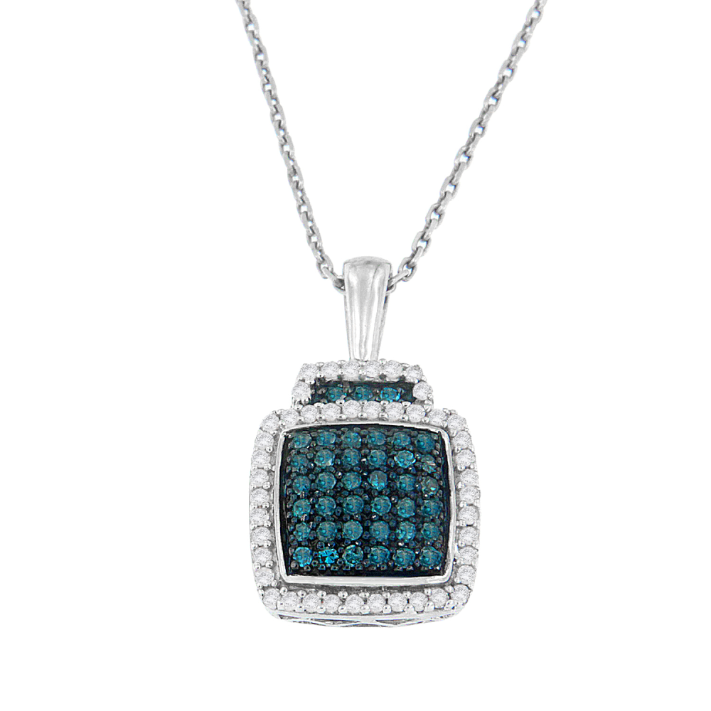 Sterling Silver 0.5 ct TDW Round Cut White and Treated Blue Diamond Block Pendant Necklace (I-J, I1-I2) - YuppyCollections