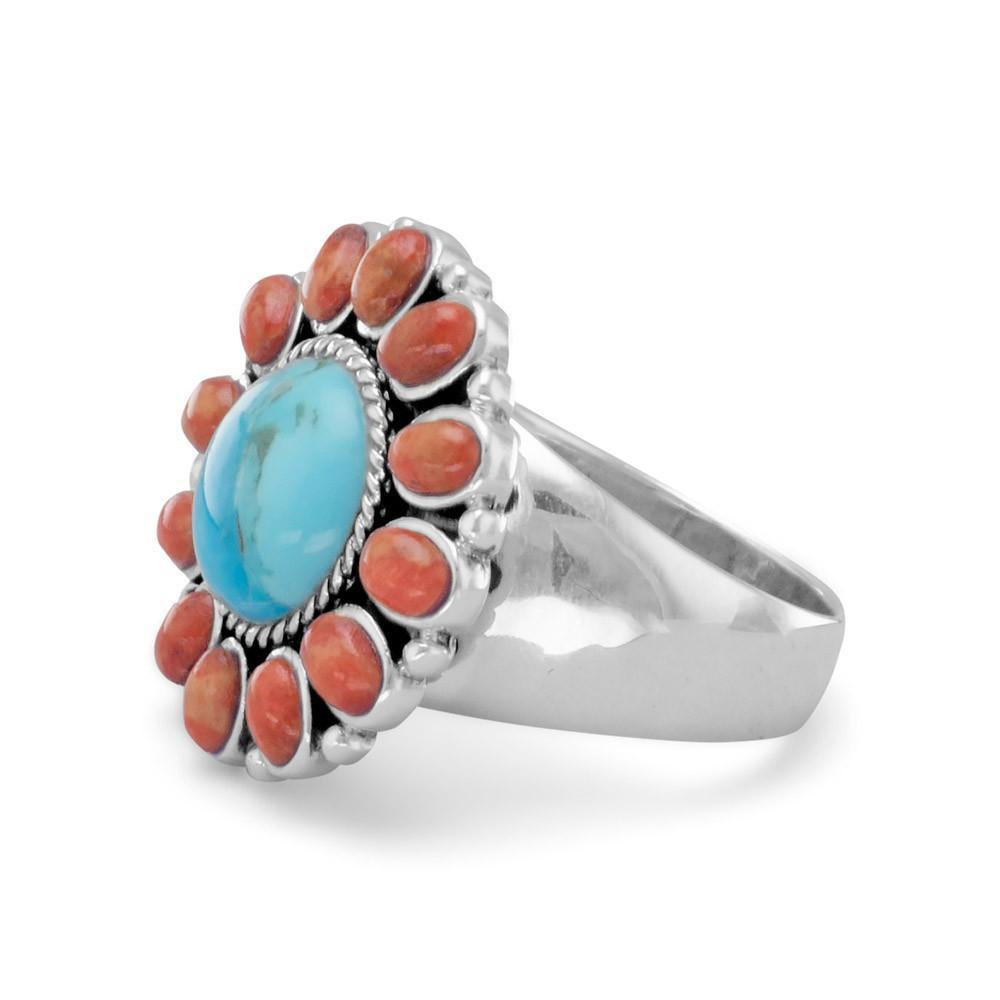 Reconstituted Turquoise and Coral Sunburst Ring - YuppyCollections