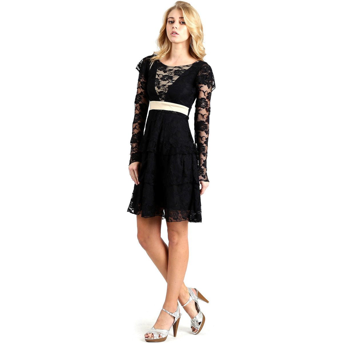 Evanese Women's Elegant Lace Cocktail Tiered Short Skirt Dress with Long Sleeves - YuppyCollections