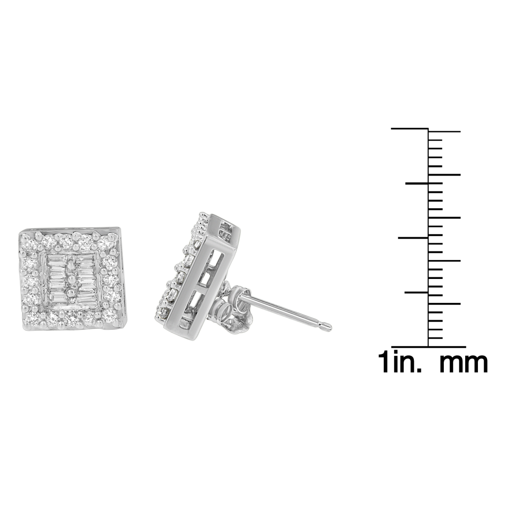 14K White Gold 1ct. TDW Round And Baguette-cut Stud Earrings (H-I,SI1-SI2) - YuppyCollections