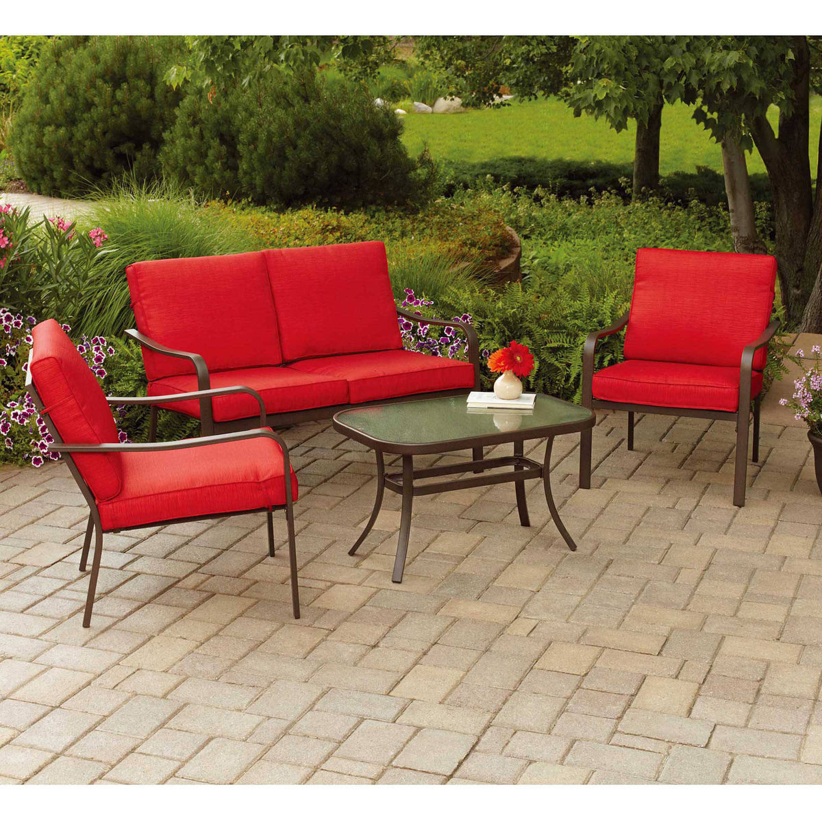 Mainstays Stanton Cushioned 4-Piece Patio Conversation Set, RedMainstays Stanton Cushioned 4-Piece Patio Conversation Set, Red - YuppyCollections