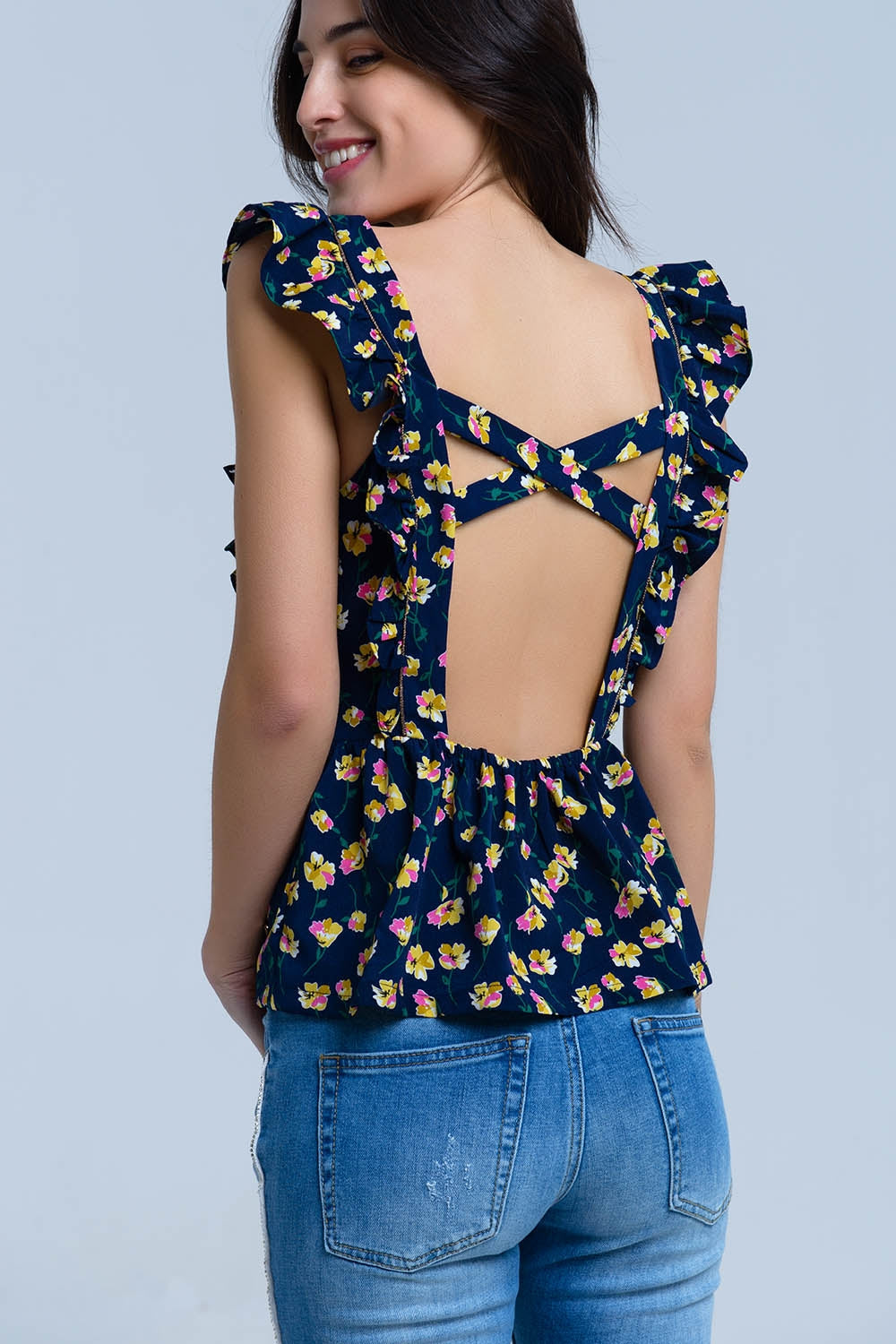 Navy crossed back shirt with ruffles - YuppyCollections