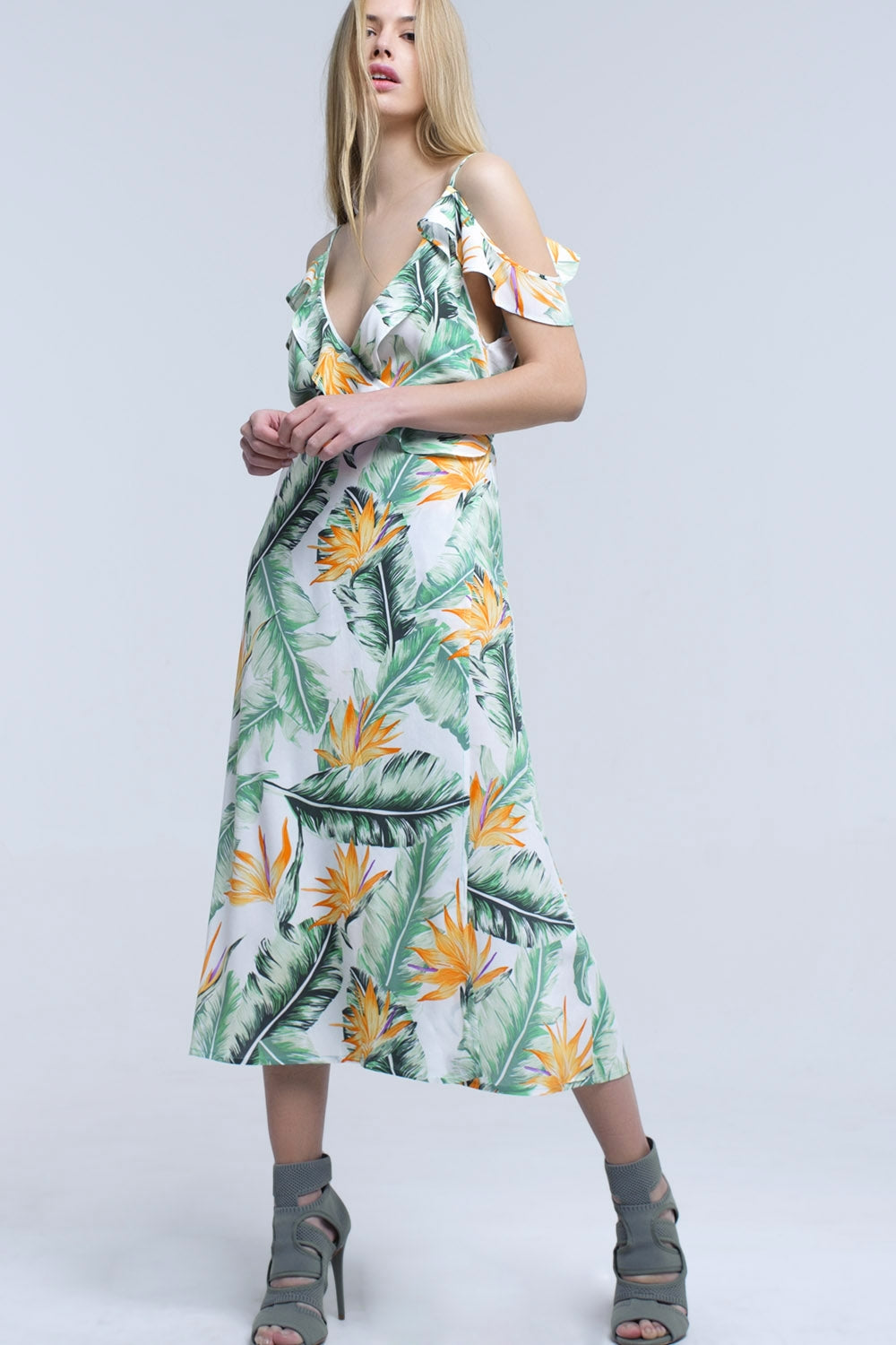 White midi dress in tropical leaves - YuppyCollections