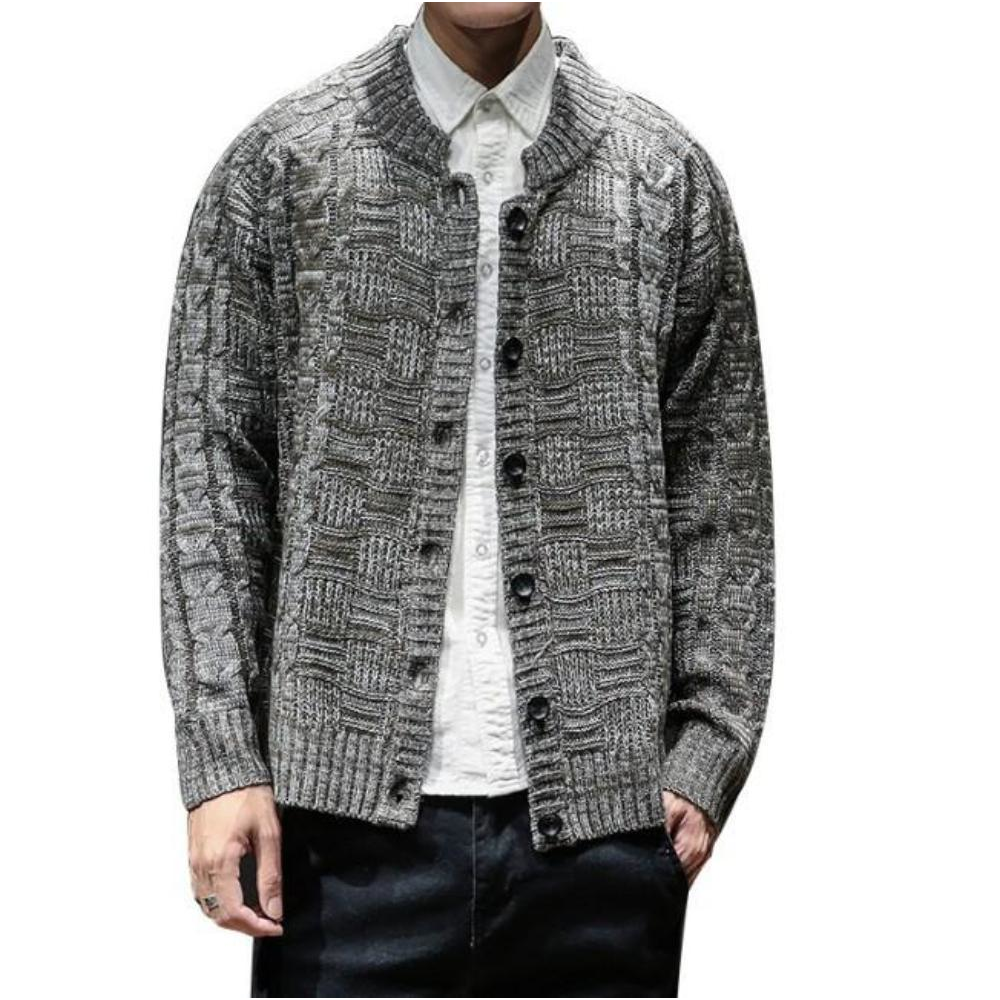 Mens Crew Neck Button Front Cardigan in Khaki - YuppyCollections