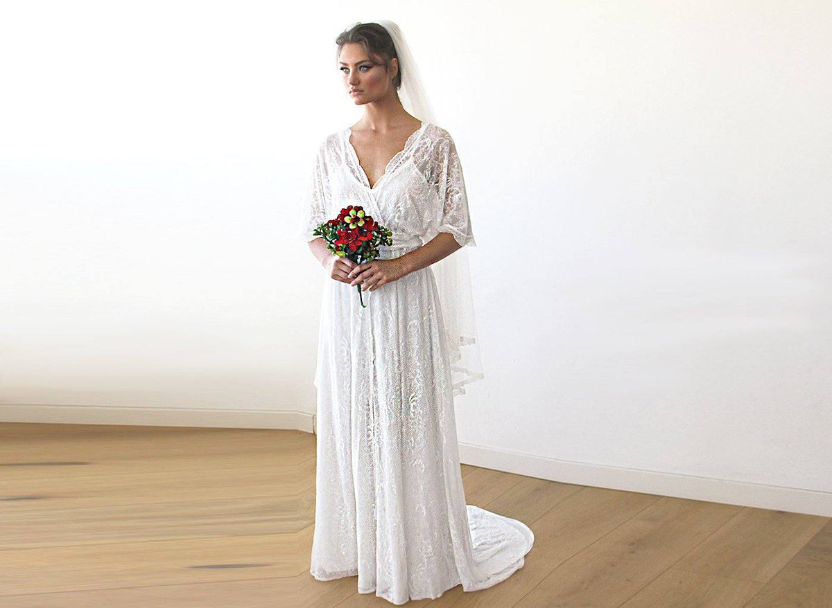 Floral Lace Ivory Sheer Maxi Dress With Train 1165 - YuppyCollections