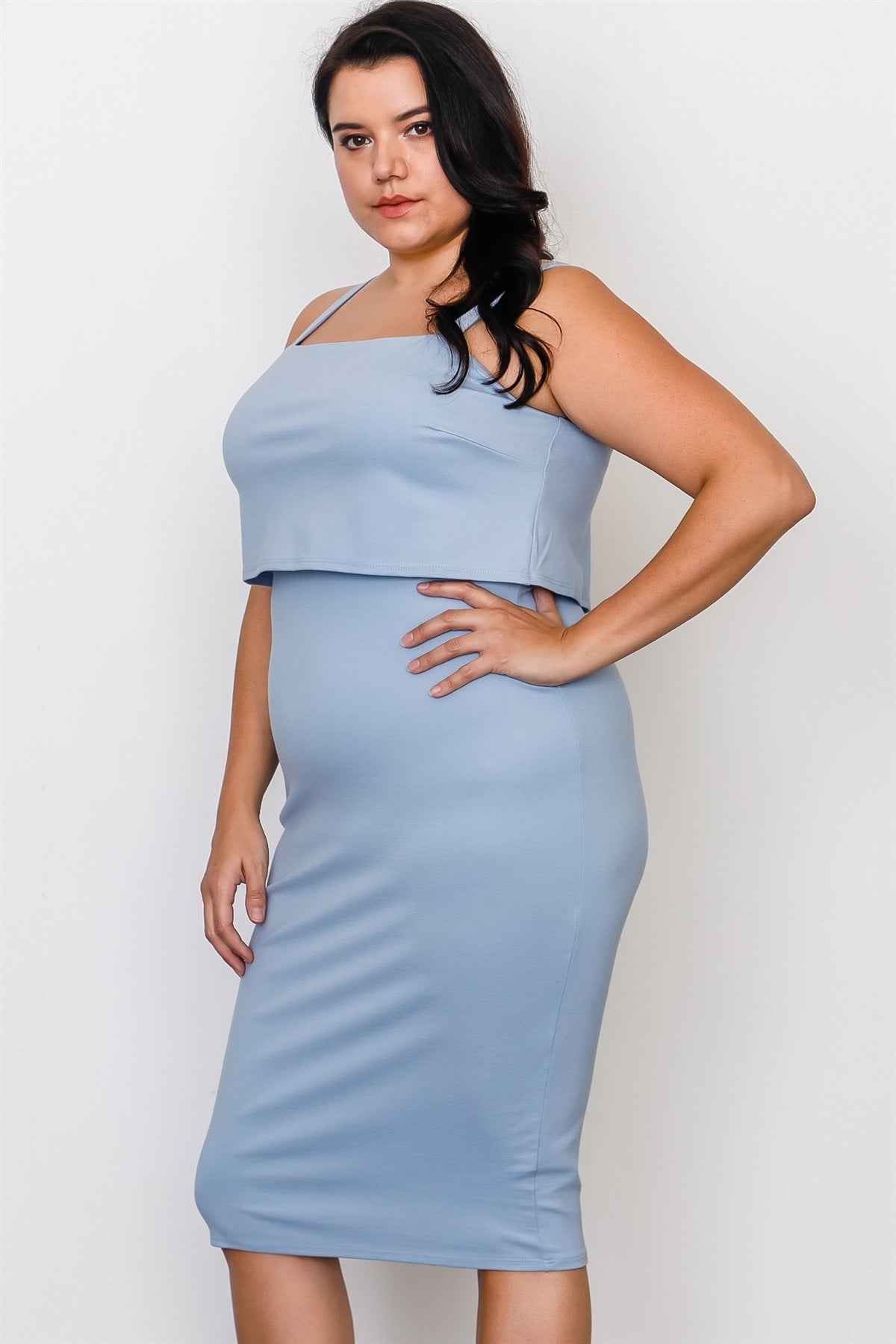 Plus Size Chambray Flounce Layered Midi Dress - YuppyCollections