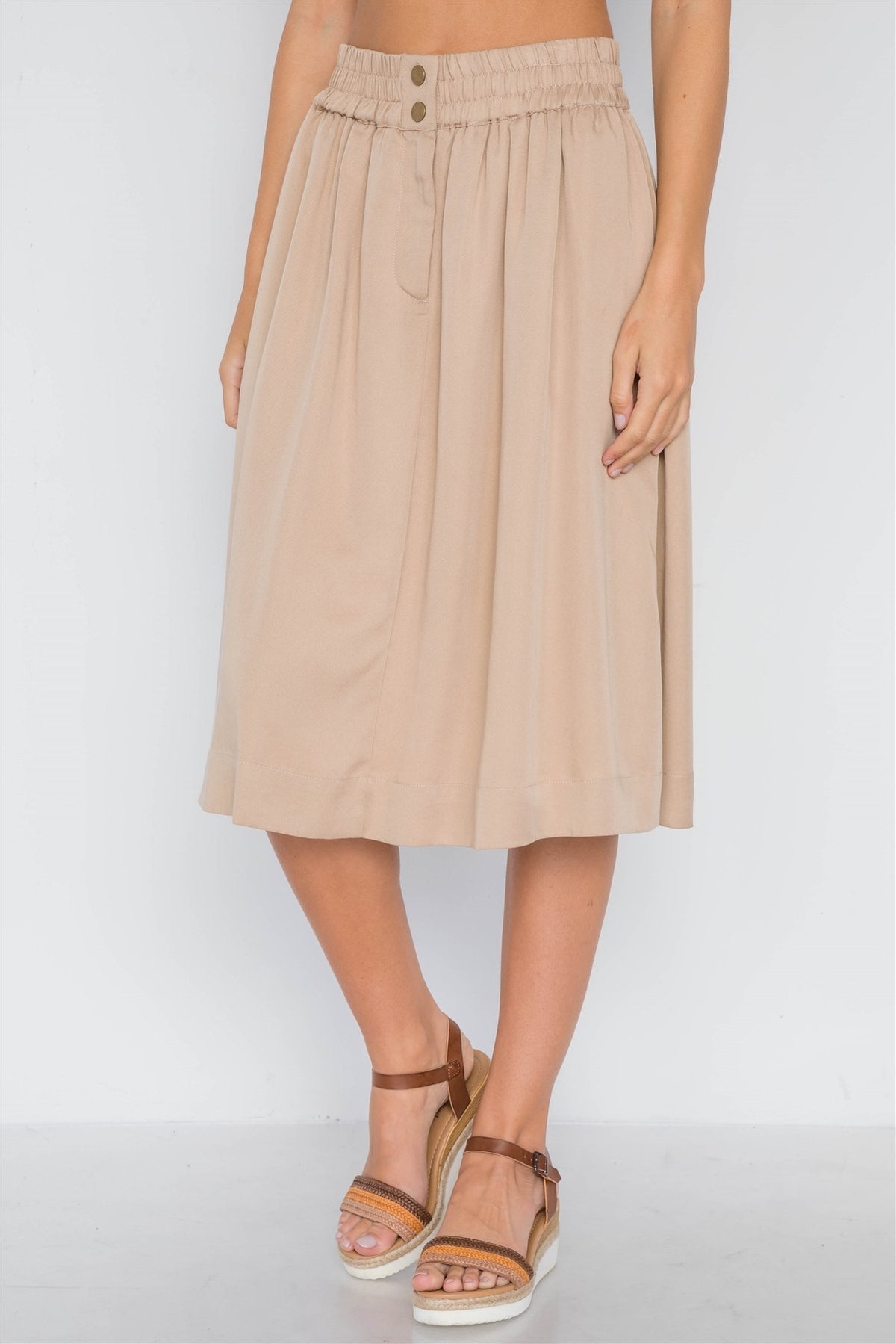 Khaki High-waist Solid Midi Skirt - YuppyCollections