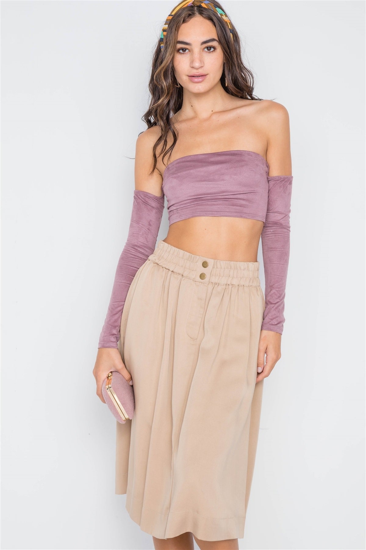 Khaki High-waist Solid Midi Skirt - YuppyCollections