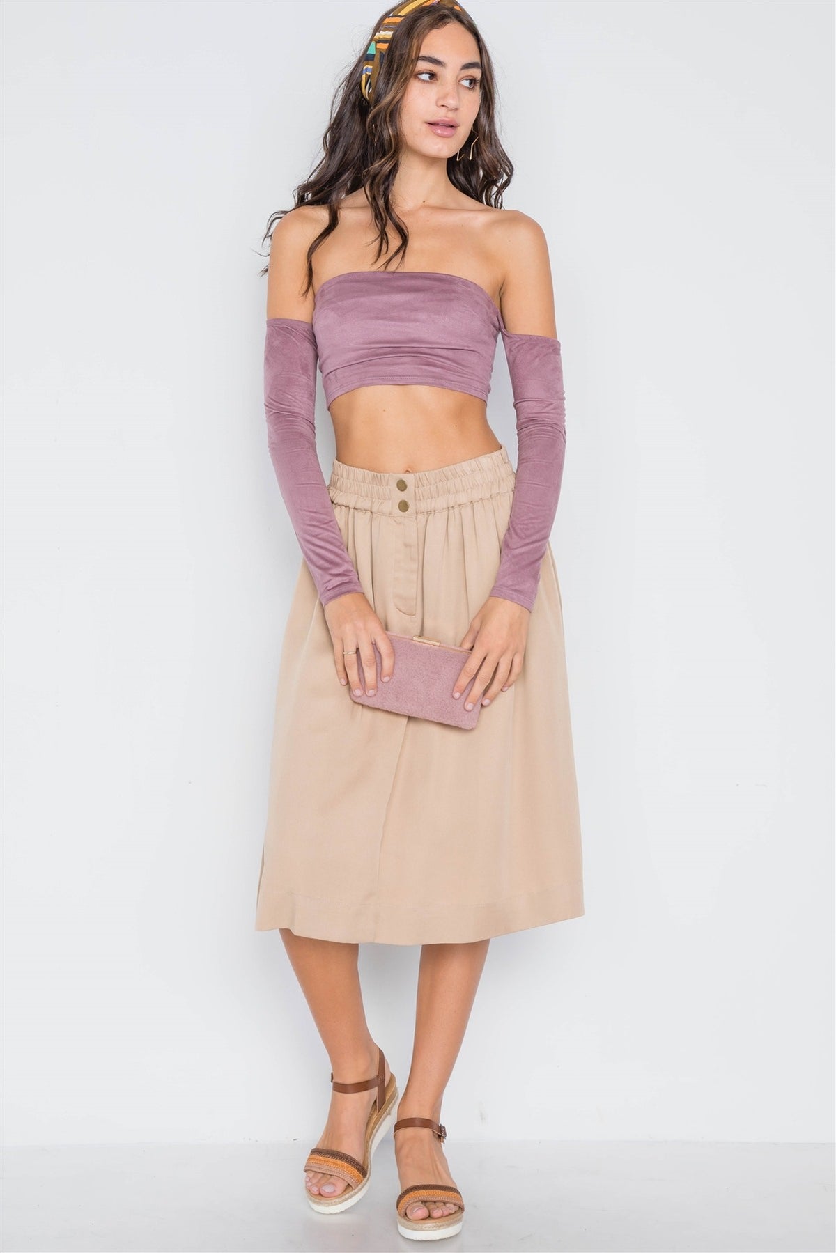 Khaki High-waist Solid Midi Skirt - YuppyCollections