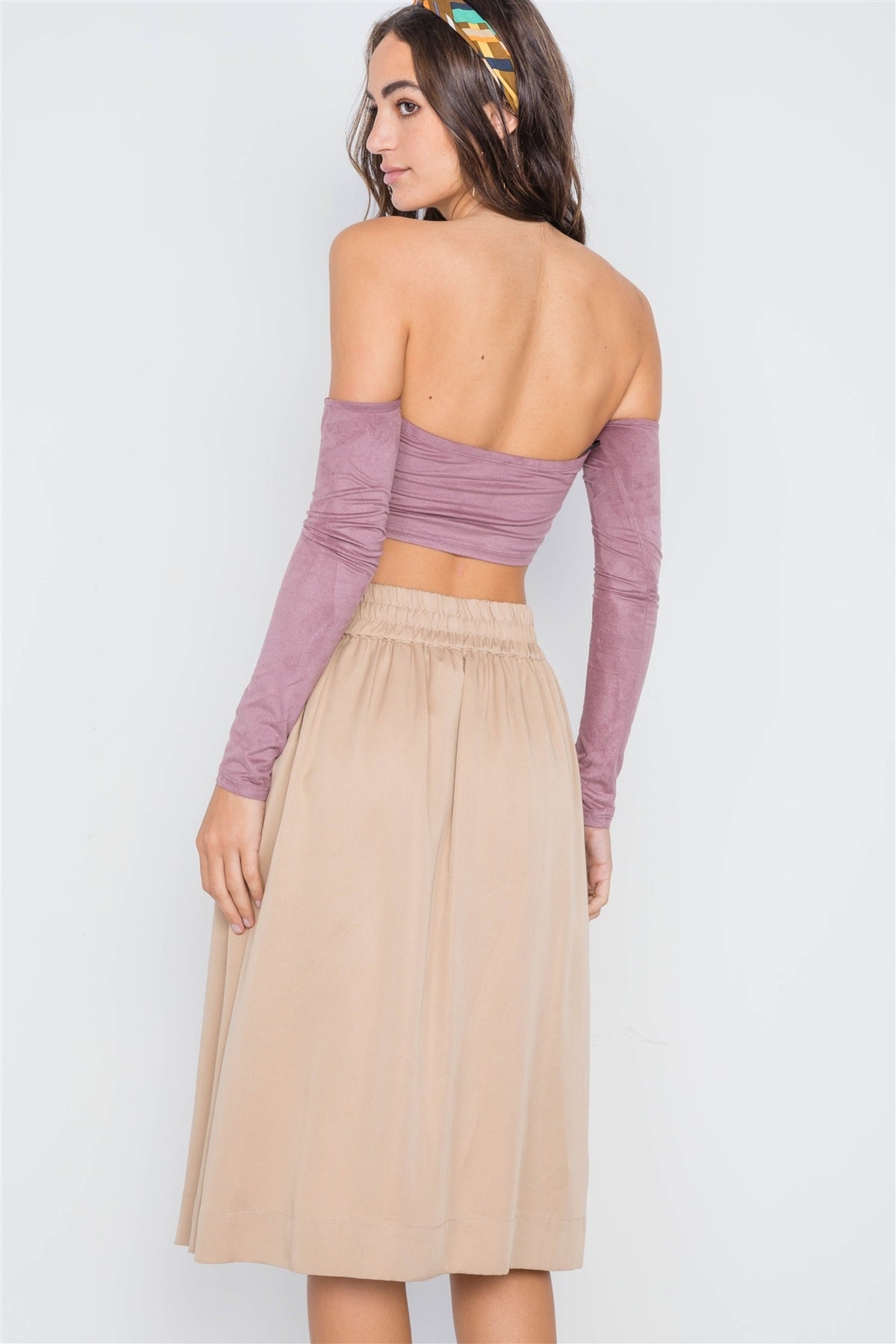 Khaki High-waist Solid Midi Skirt - YuppyCollections