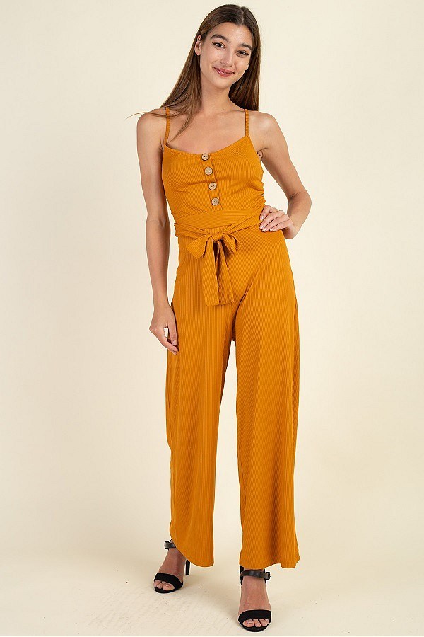 Waist Side Belt Rib Jumpsuit - YuppyCollections