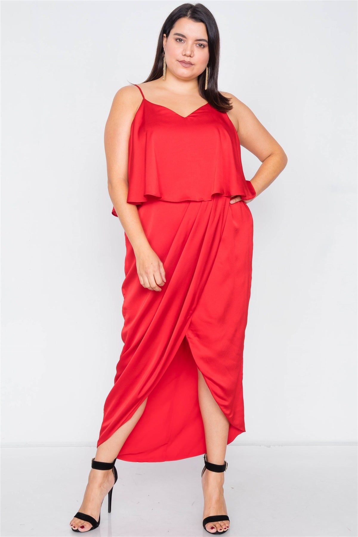 Plus Size Satin Flounce Bandage Midi Dress - YuppyCollections