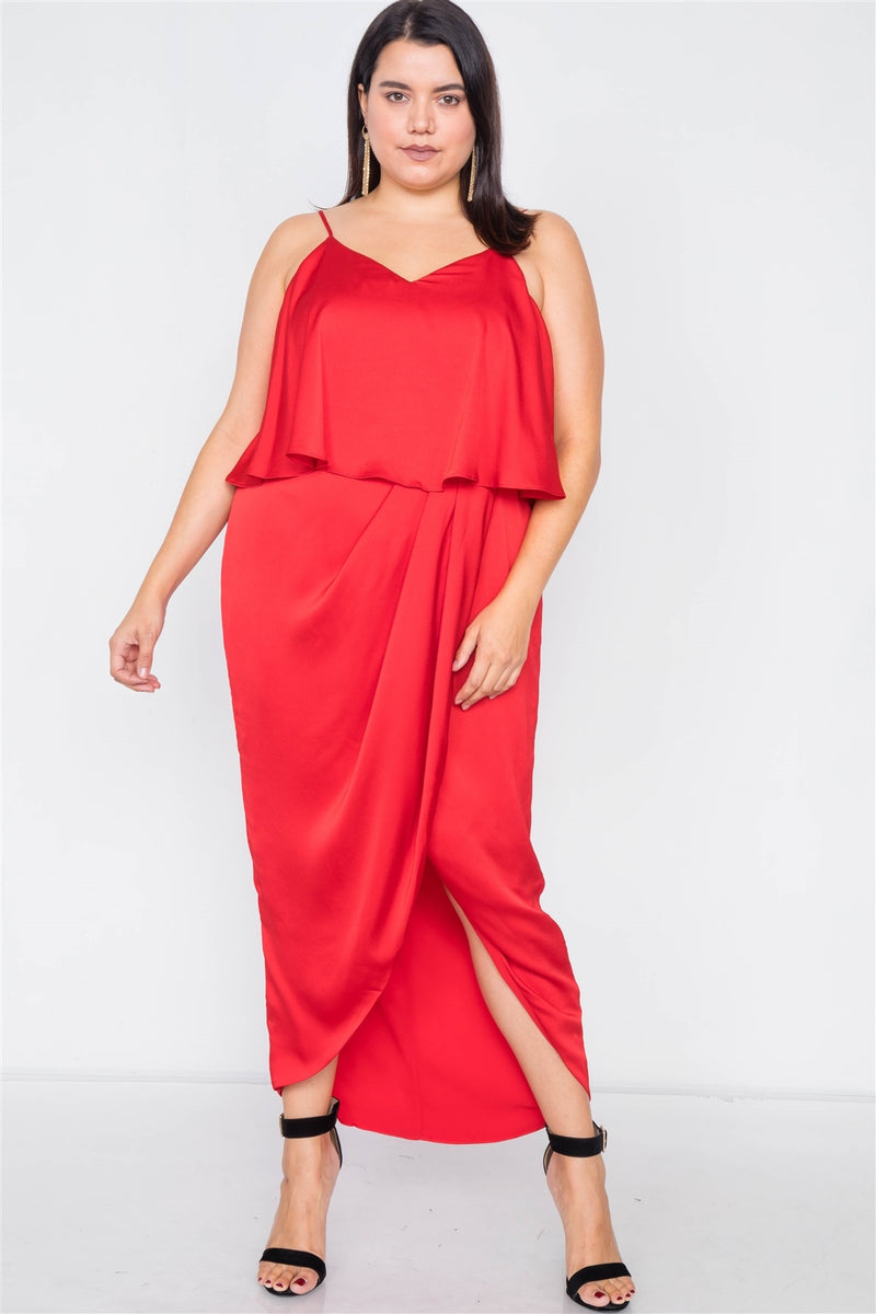 Plus Size Satin Flounce Bandage Midi Dress - YuppyCollections