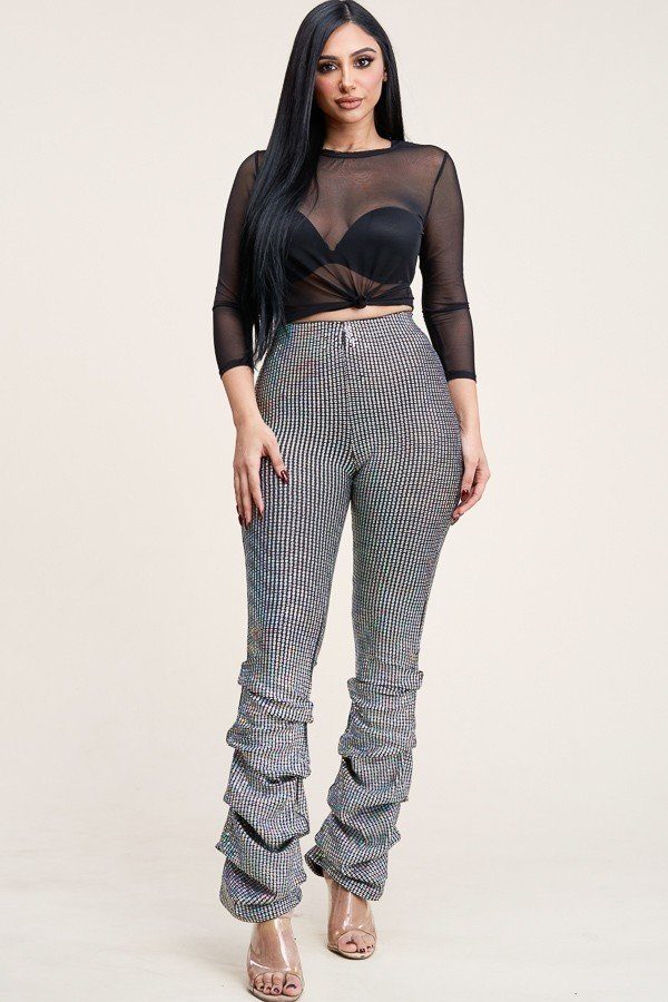 3/4 Sleeve Power Mesh Top And Holographic Stacked Pants - YuppyCollections