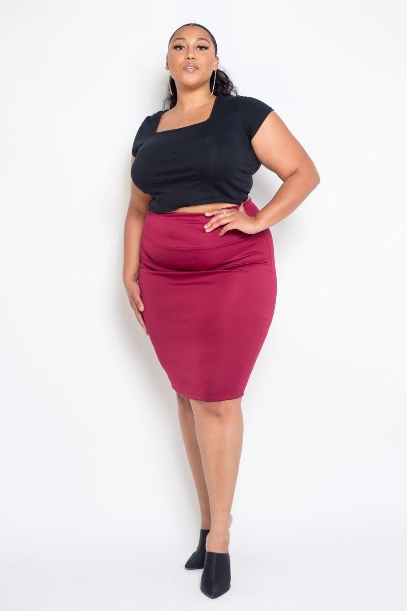 Plus Size Everyday Basic High Waist Pencil Midi Skirt - YuppyCollections