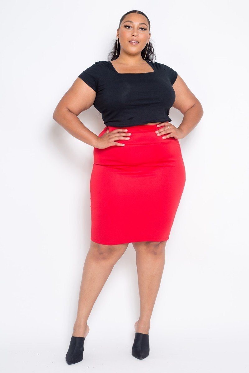 Plus Size Everyday Basic High Waist Pencil Midi Skirt - YuppyCollections