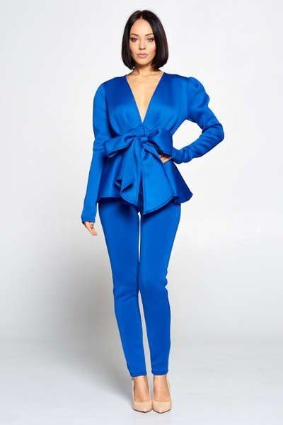 Long Sleeve Deep V Neckline Top With Waist Tie To Make A Bow Detail Paired With Elastic Waist Pants - YuppyCollections