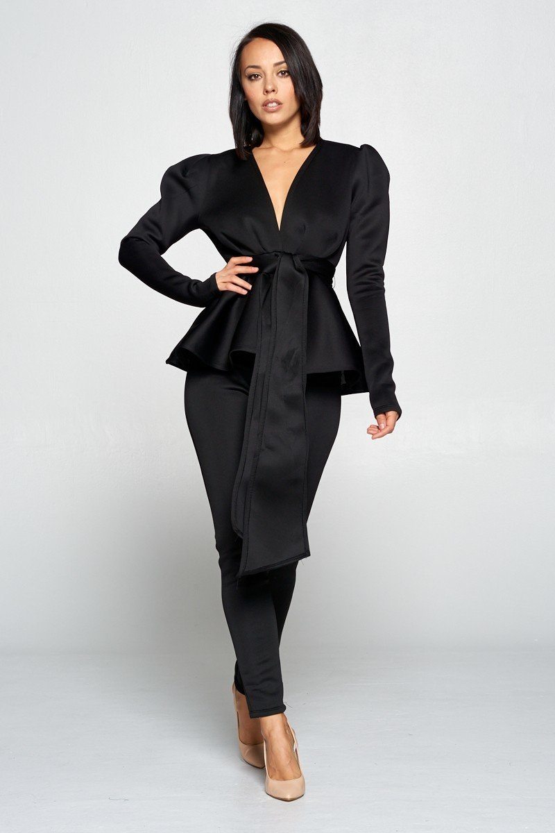 Long Sleeve Deep V Neckline Top With Waist Tie To Make A Bow Detail Paired With Elastic Waist Pants - YuppyCollections