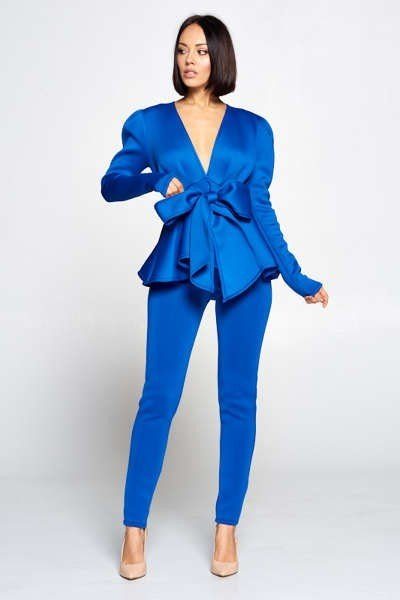 Long Sleeve Deep V Neckline Top With Waist Tie To Make A Bow Detail Paired With Elastic Waist Pants - YuppyCollections