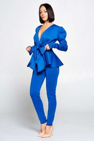 Long Sleeve Deep V Neckline Top With Waist Tie To Make A Bow Detail Paired With Elastic Waist Pants - YuppyCollections