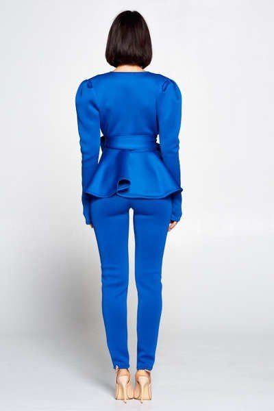 Long Sleeve Deep V Neckline Top With Waist Tie To Make A Bow Detail Paired With Elastic Waist Pants - YuppyCollections