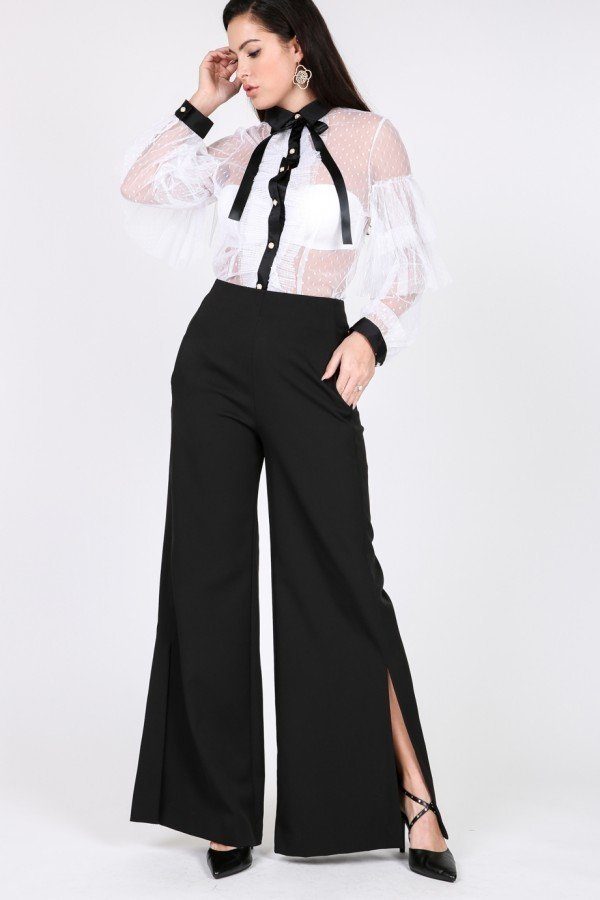 Side Slit Detail Wide Leg Pants - YuppyCollections