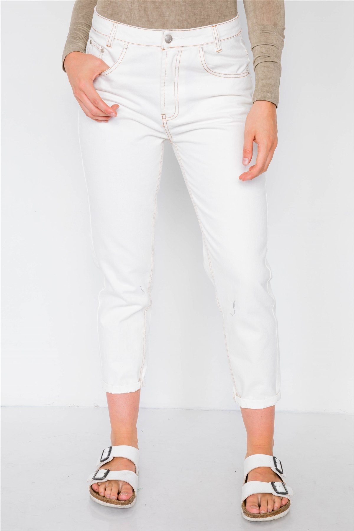 Off White With Brown Stitching Jeans - YuppyCollections