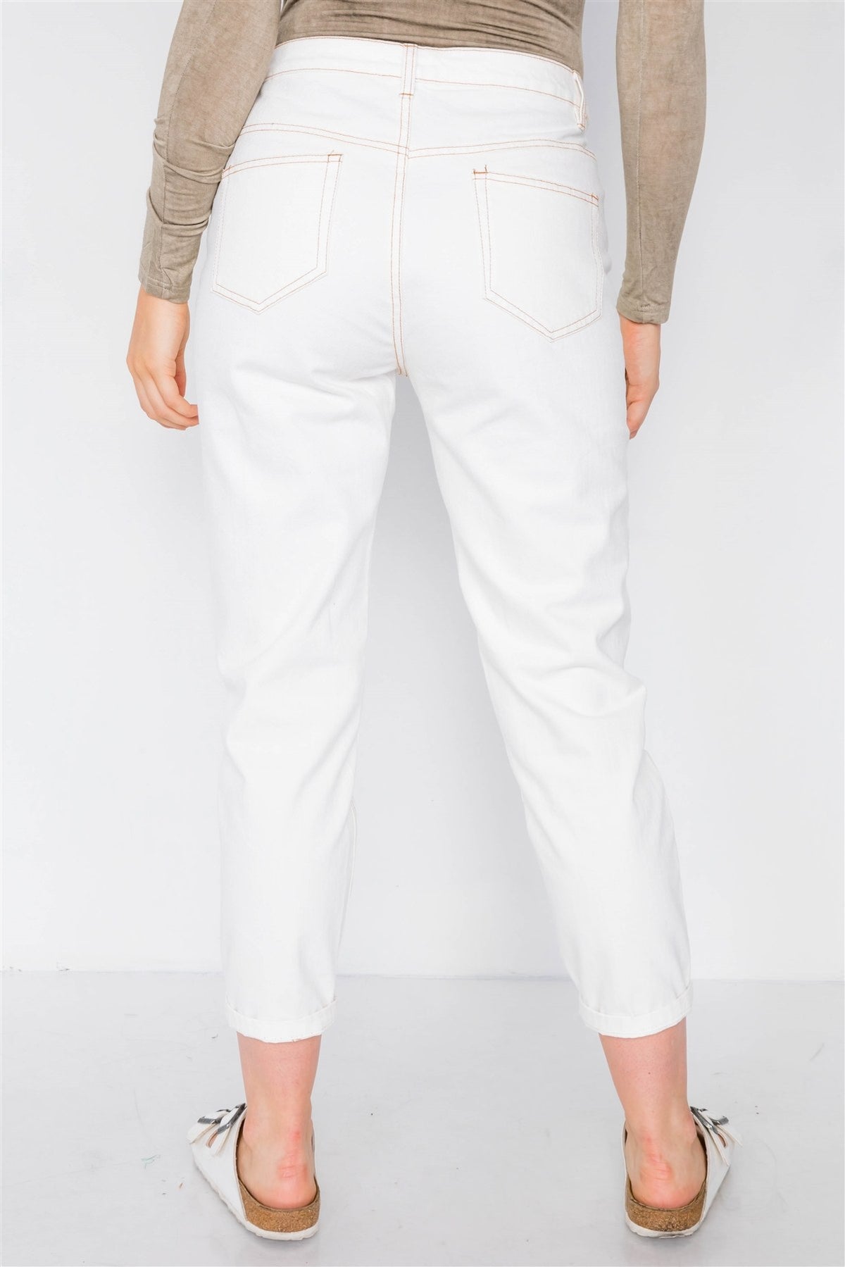 Off White With Brown Stitching Jeans - YuppyCollections