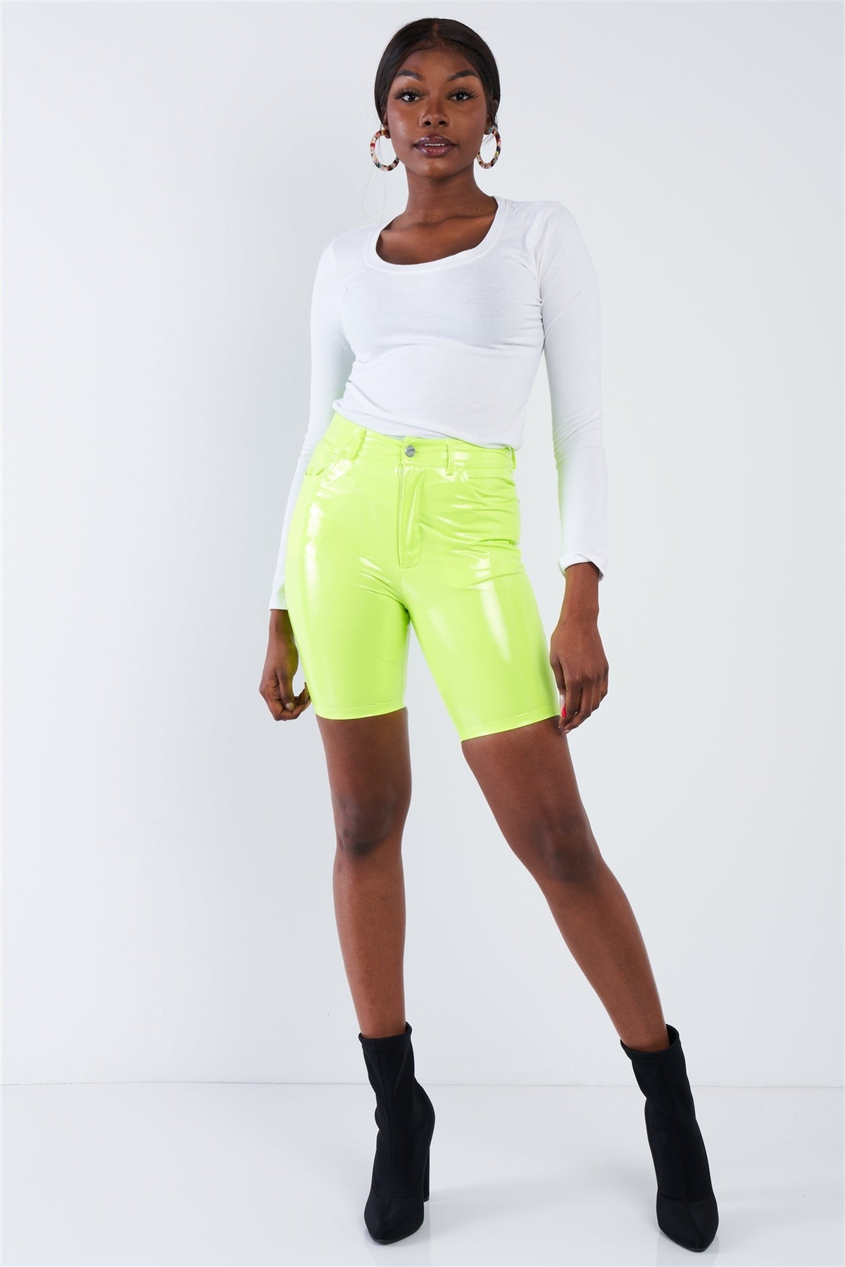 Neon Lime Green Faux Leather Biker Shorts - YuppyCollections