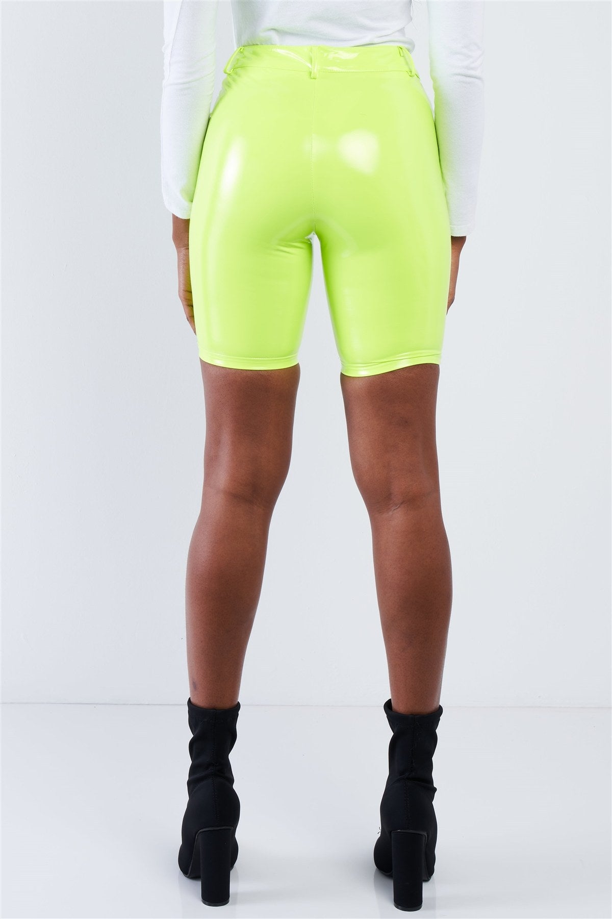 Neon Lime Green Faux Leather Biker Shorts - YuppyCollections