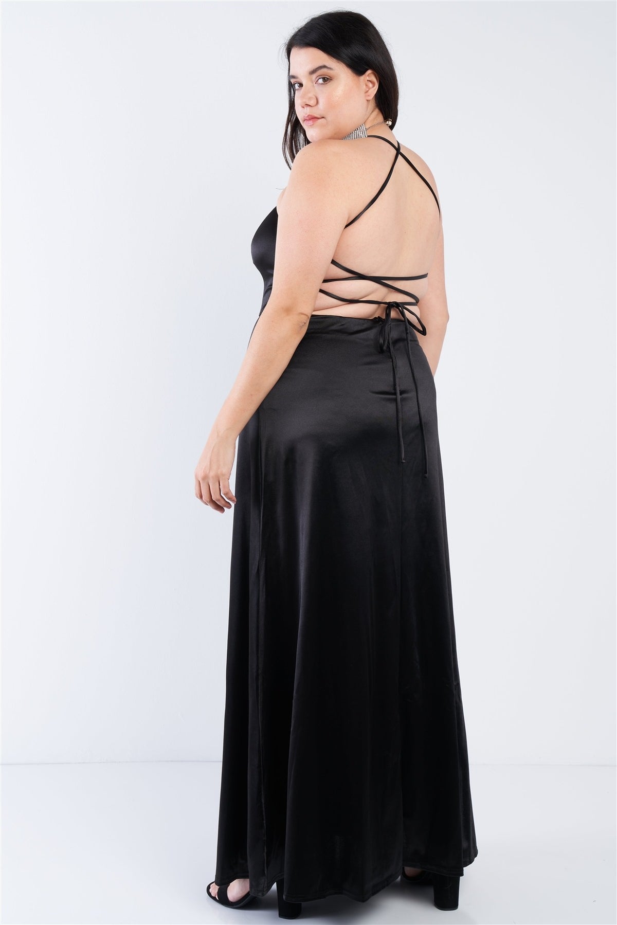 Plus Size Satin Open Criss Cross Back Maxi Dress - YuppyCollections