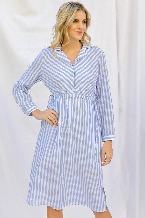 Stripe Print Cinched Waist Long Sleeve Shirt Midi Dress - YuppyCollections