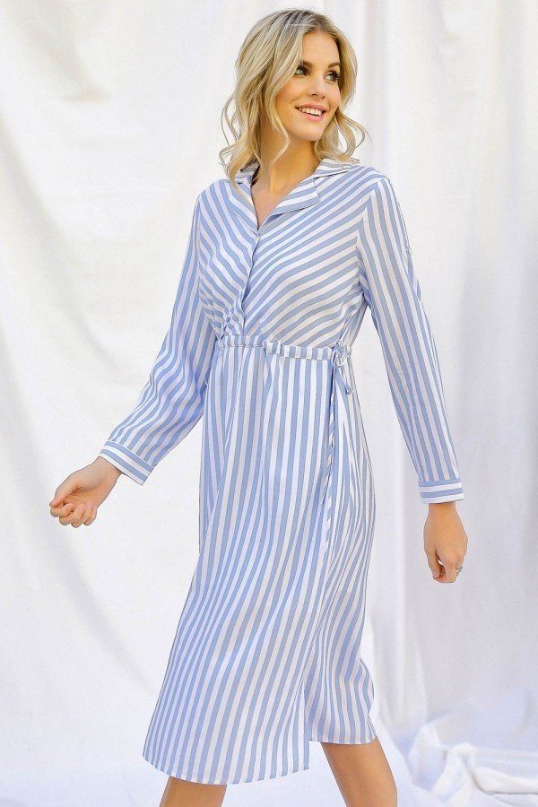 Stripe Print Cinched Waist Long Sleeve Shirt Midi Dress - YuppyCollections