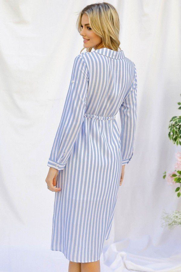 Stripe Print Cinched Waist Long Sleeve Shirt Midi Dress - YuppyCollections