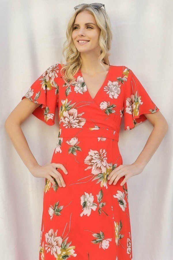 Spring Floral Print Short Bell Flyaway Sleeve Faux Wrap Maxi Dress - YuppyCollections