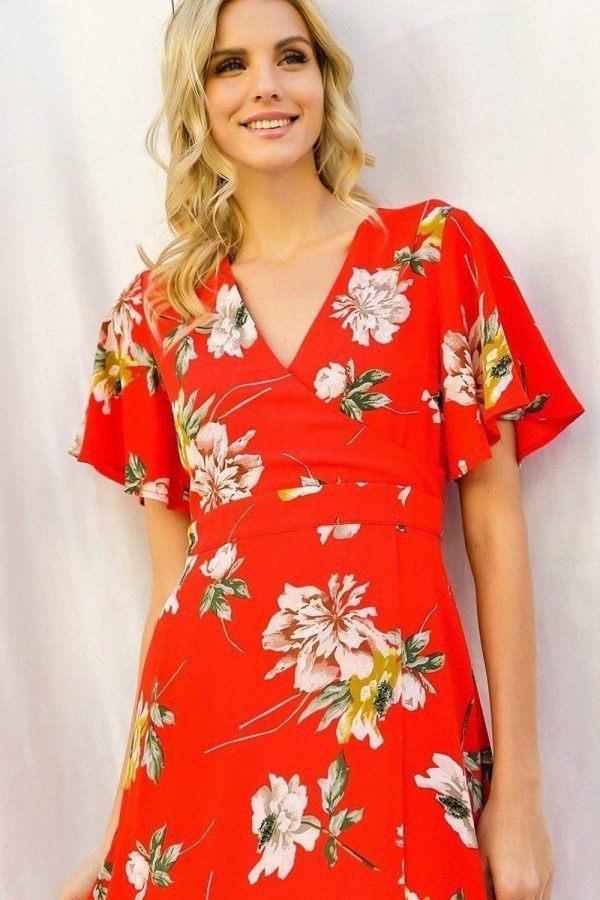 Spring Floral Print Short Bell Flyaway Sleeve Faux Wrap Maxi Dress - YuppyCollections