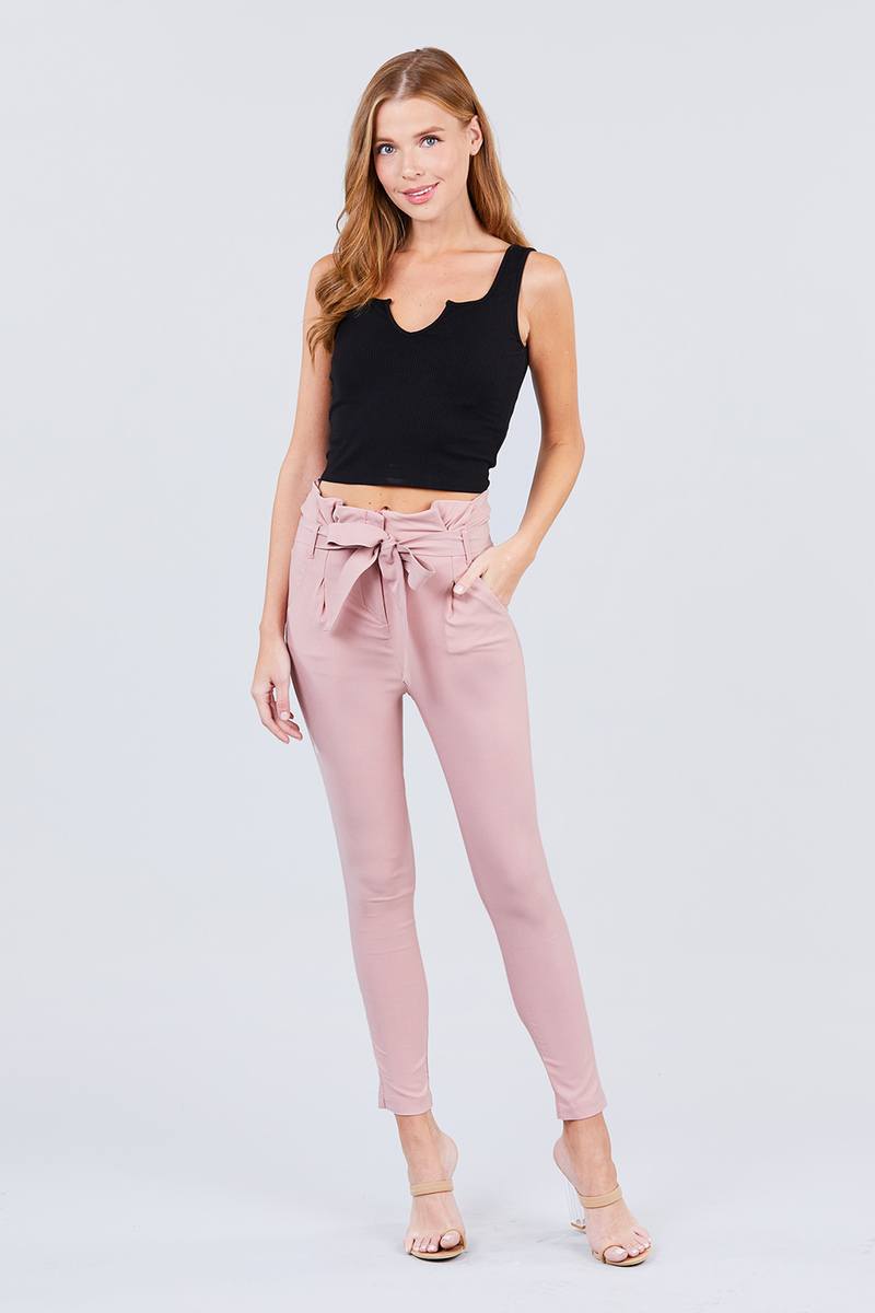 High Waisted Belted Pegged Stretch Pant - YuppyCollections