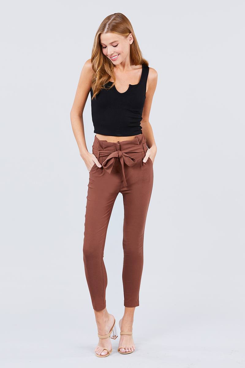 High Waisted Belted Pegged Stretch Pant - YuppyCollections